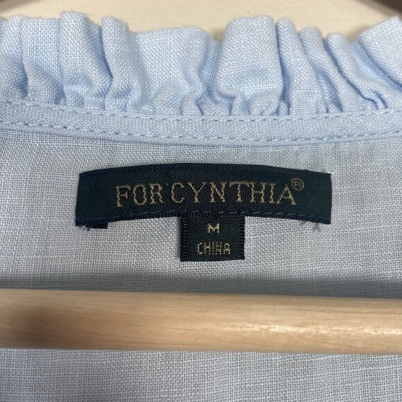 For Cynthia Baby Blue 100% Linen Tunic Top Ruffle Trim Size M Coastal Resort - Picture 5 of 8